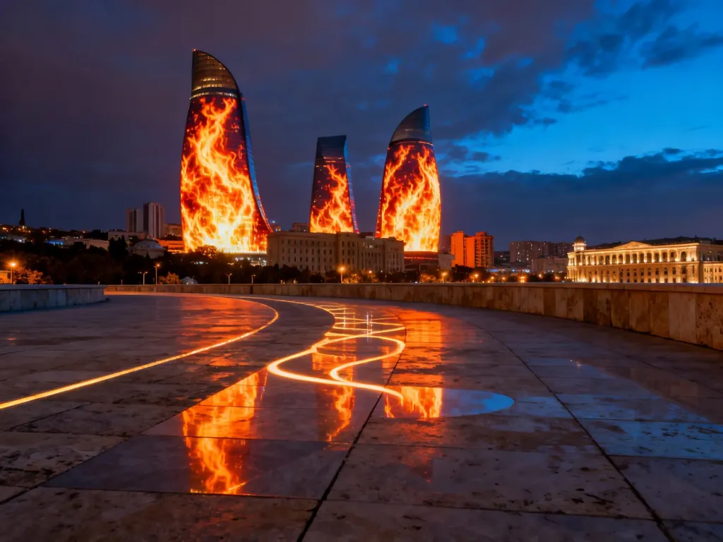Oświetlone wieżowce Flame Towers w Baku nocą, górujące nad nowoczesną promenadą z efektownymi refleksami świetlnymi.