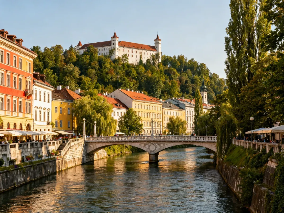 Panorama historycznego centrum Lublany z rzeką Ljubljanicą i zamkiem na wzgórzu