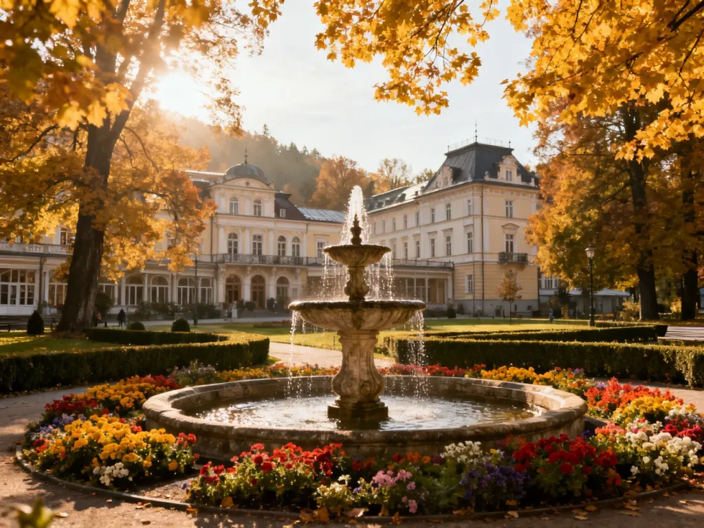 Zabytkowa fontanna i elegancka architektura uzdrowiskowa w Parku Zdrojowym w Polanicy-Zdroju w jesiennym słońcu.