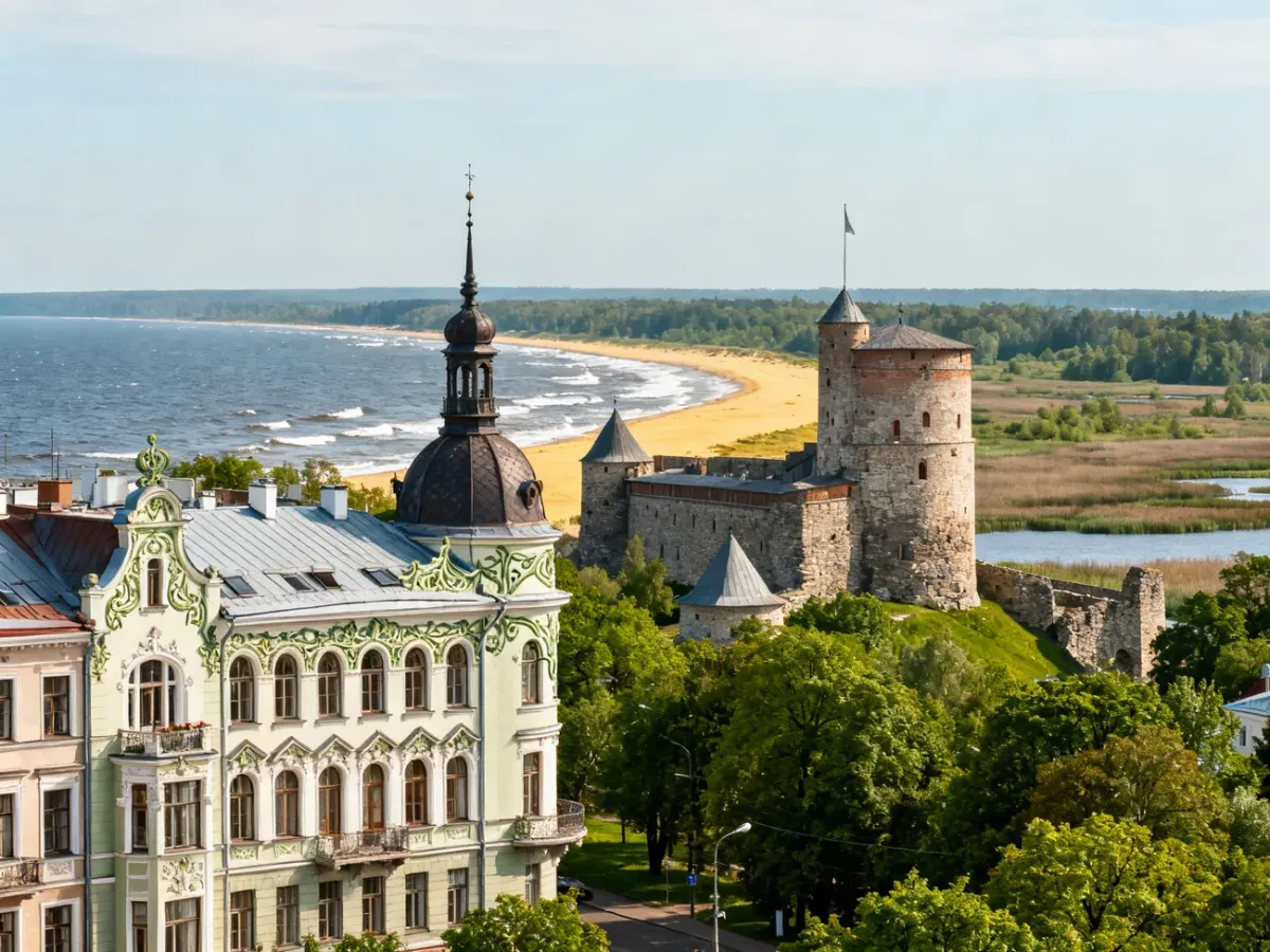 Kolaż krajobrazów Łotwy z secesyjną Rygą, zamkiem, plażą Bałtyku i torfowiskiem