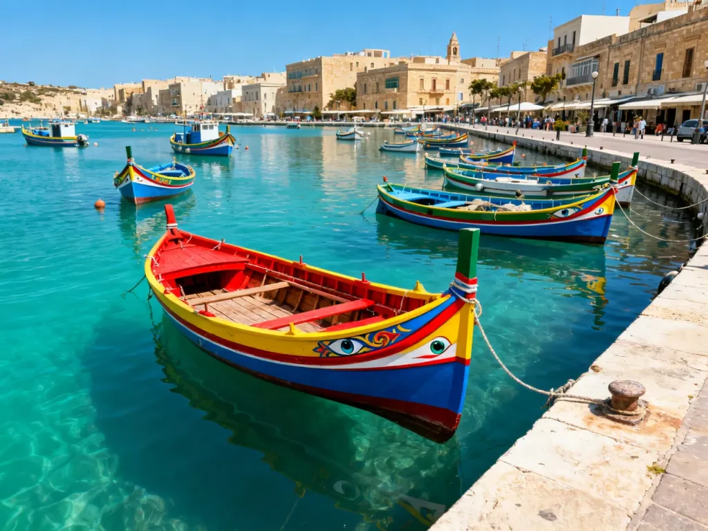 Kolorowe łodzie rybackie Luzzu kołyszące się na turkusowych wodach portu w Marsaxlokk na tle malowniczego nabrzeża.