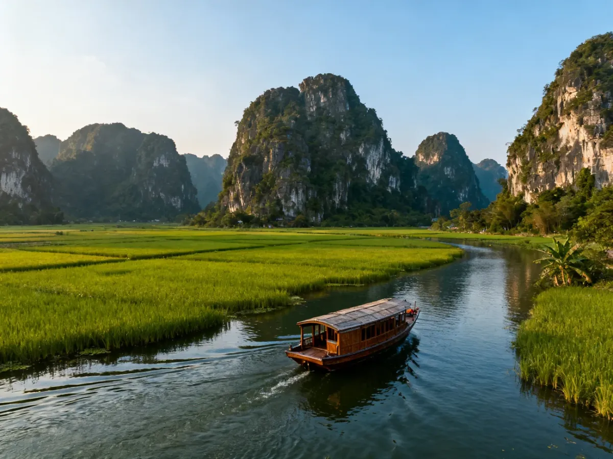 Łódź płynąca między wapiennymi wzgórzami Ninh Binh