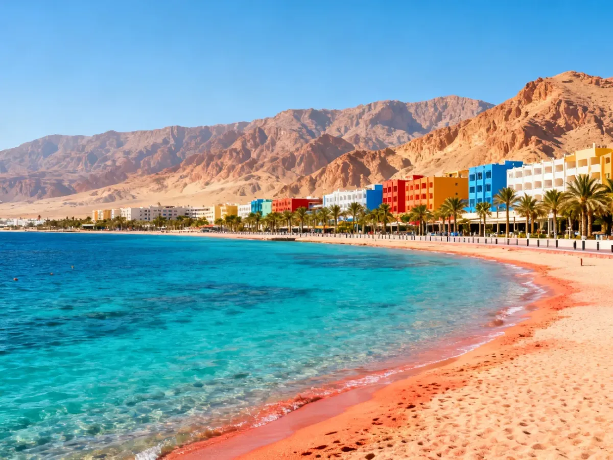 Panoramic view of Sharm el Sheikh with the Red Sea, resort promenade and Sinai mountains