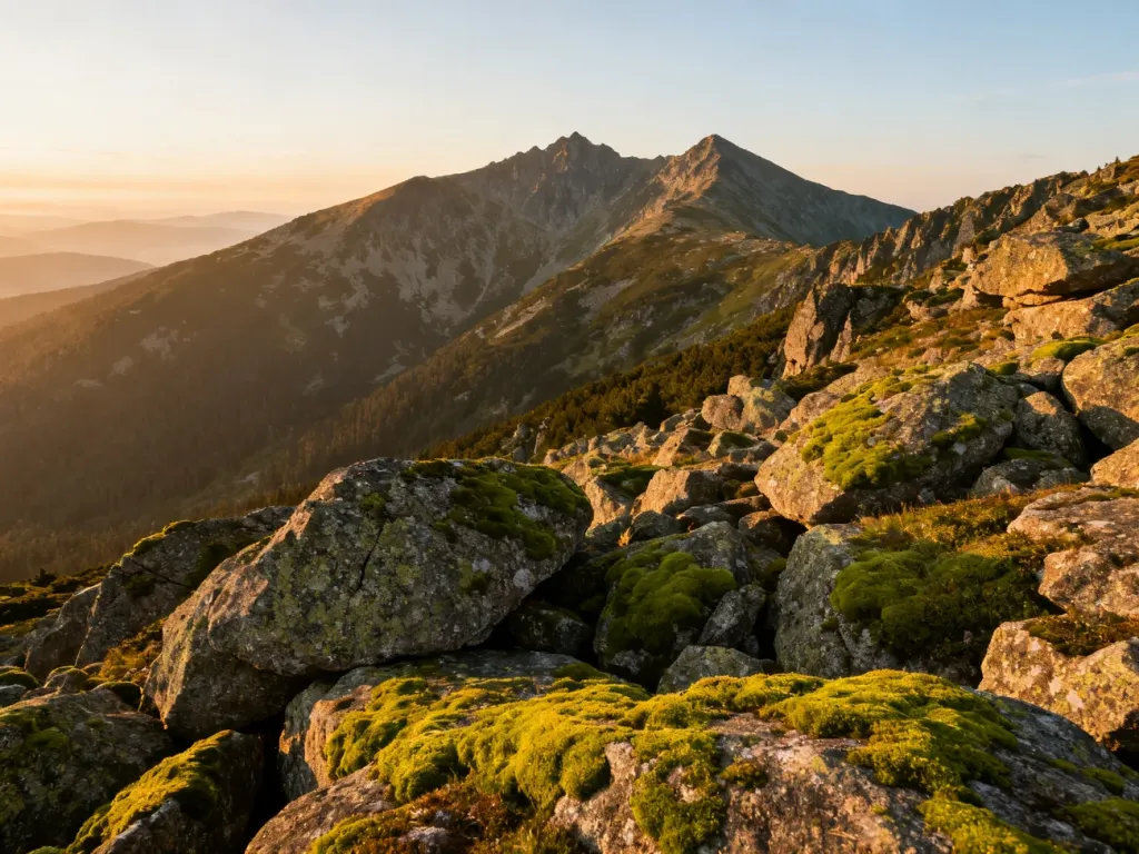Panoramiczny widok na pasmo Karkonoszy w złotej godzinie z charakterystycznymi formacjami skalnymi na pierwszym planie.