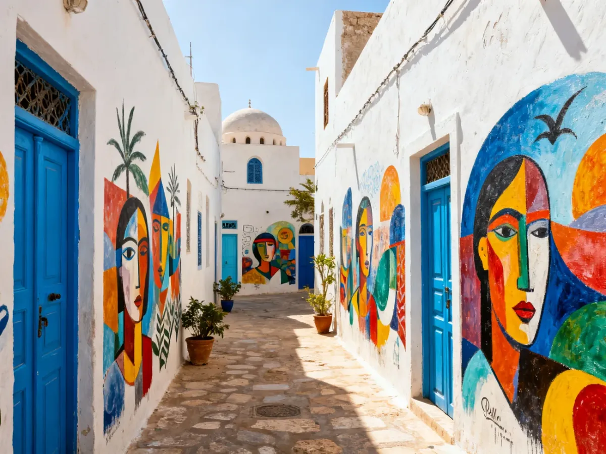 Kolorowy mural na białej ścianie tradycyjnego domu w Djerbahood