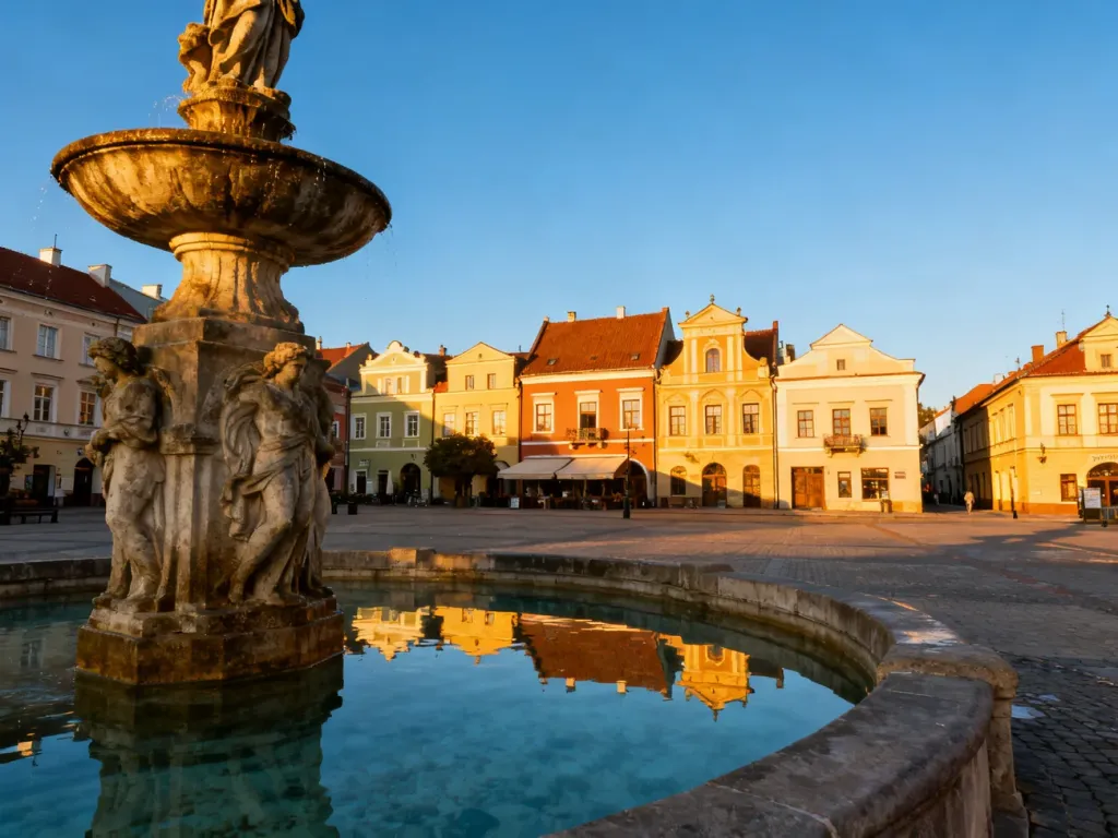 Poranny widok na rynek w Nowym Targu z zabytkową fontanną i kolorowymi kamienicami w promieniach słońca.