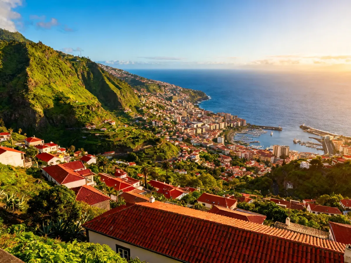 Panoramic view of Funchal rising on green hills above the Atlantic Ocean