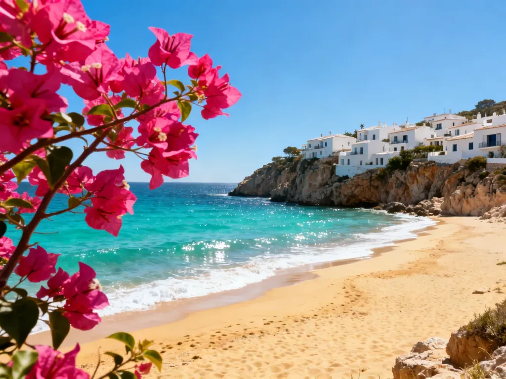 Panoramiczny widok na wybrzeże Costa Blanca z turkusową wodą, piaszczystą plażą i białymi willami na klifie.