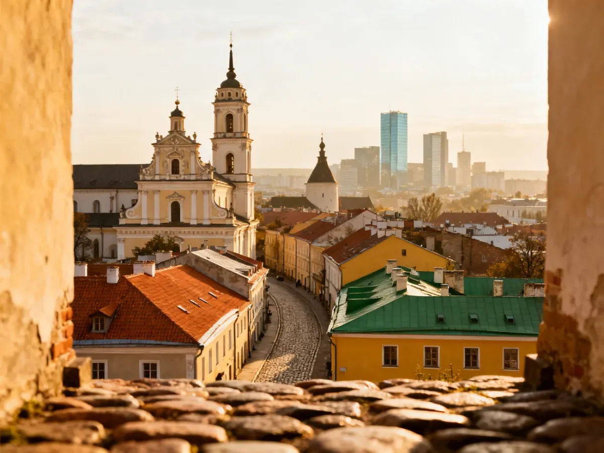Panorama historycznego centrum Wilna z barokowymi kościołami i brukowanymi ulicami