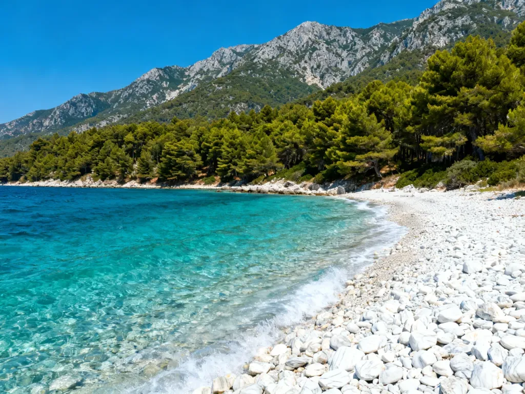 Widok z lotu ptaka na turkusowe wybrzeże Thassos, białe kamienie na plaży oraz zielone wzgórza w słoneczny dzień.