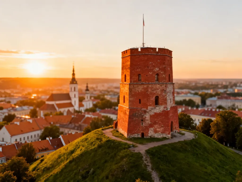 Wieża Giedymina w Wilnie o zachodzie słońca z widokiem na panoramę historycznego Starego Miasta.