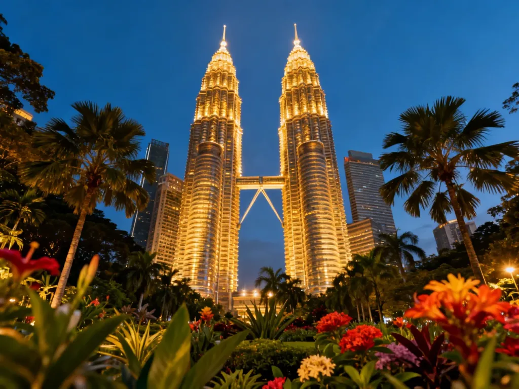 Oświetlone wieże Petronas Twin Towers w Kuala Lumpur na tle wieczornego nieba, otoczone tropikalną roślinnością.
