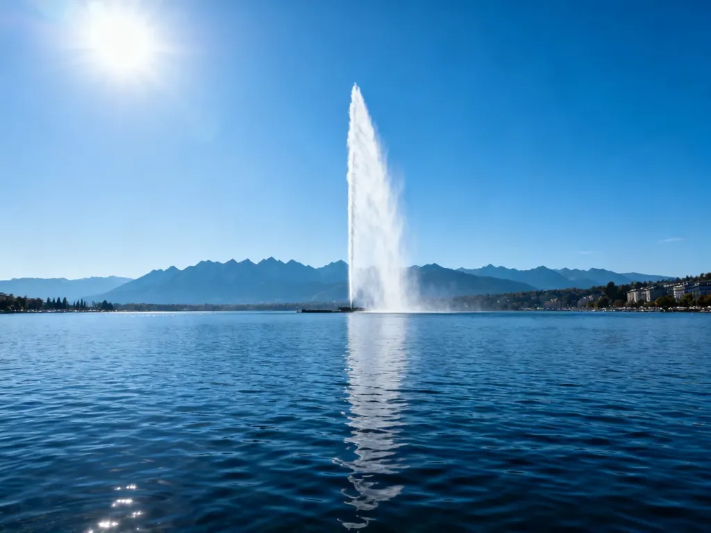 Słynna fontanna Jet d'Eau tryskająca wodą na tle jeziora Genewskiego i panoramy Alp.