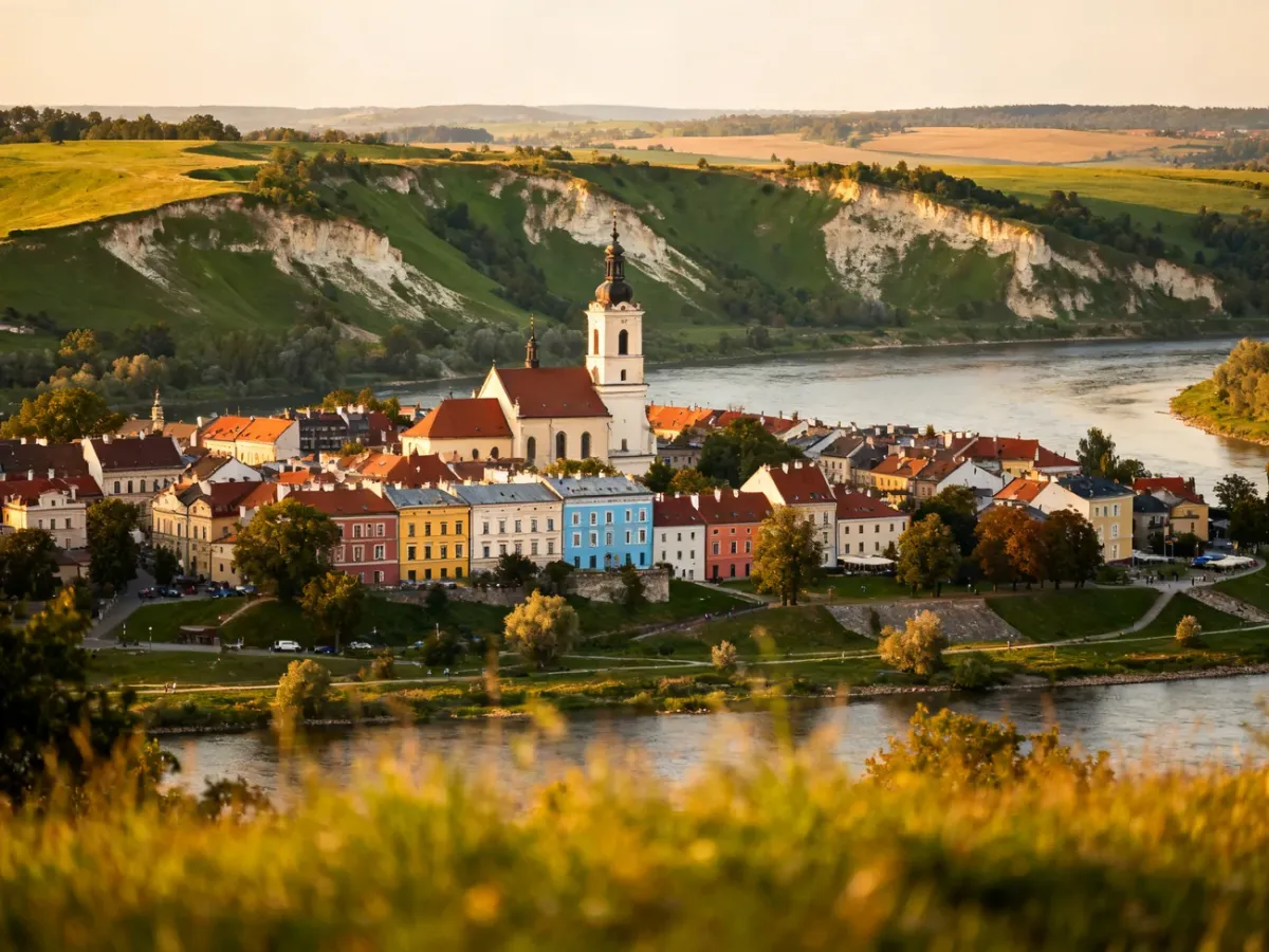 Panorama Sandomierza z zabytkową starówką, wzgórzami i Wisłą
