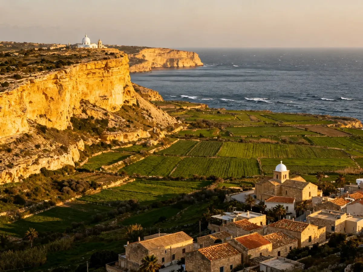 Panoramiczny krajobraz Gozo z klifami, polami i morzem