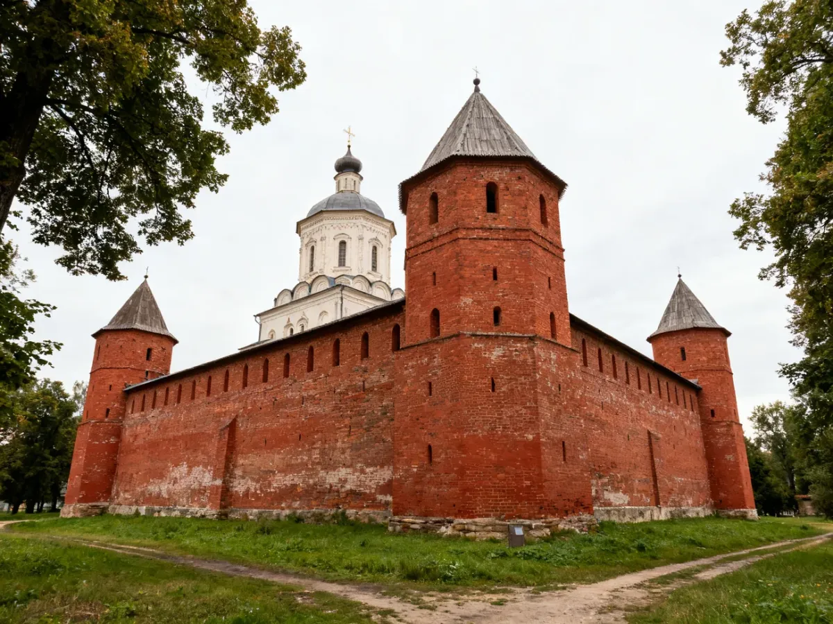 Ceglana cerkiew Zwiastowania w otoczeniu murów monasteru w Supraślu