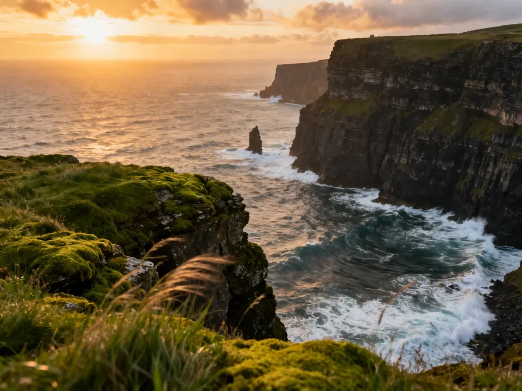 Malownicze klify Moher w Irlandii o zachodzie słońca, z widokiem na wzburzony Ocean Atlantycki.