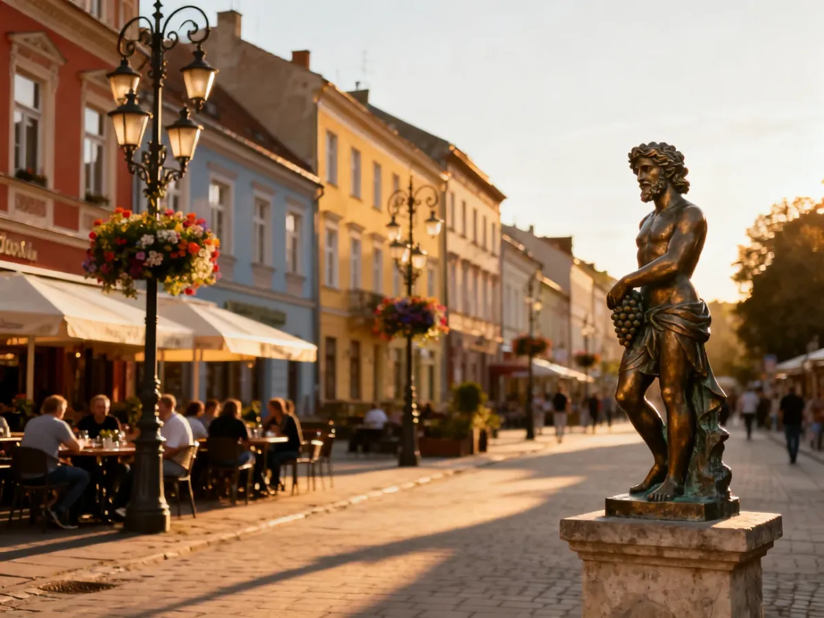 Deptak w centrum Zielonej Góry z kolorowymi kamienicami, kawiarniami i figurką Bachusika