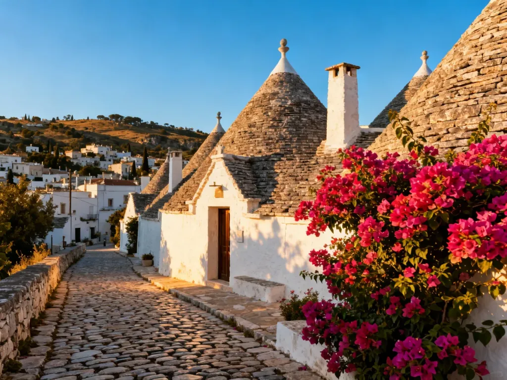 Tradycyjny biały dom typu trullo w Alberobello z kwitnącymi bugenwillami na pierwszym planie w świetle zachodzącego słońca.