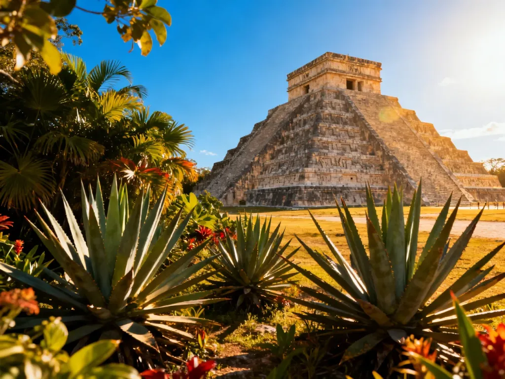 Majestatyczna piramida Majów w Chichén Itzá w otoczeniu tropikalnej roślinności pod bezchmurnym, błękitnym niebem.
