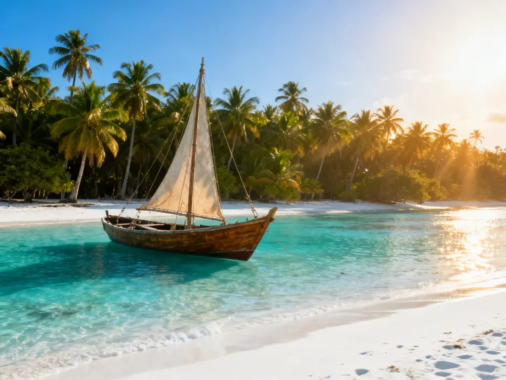 Piaszczysta plaża na Zanzibarze z tradycyjną łodzią dhow na turkusowej wodzie oraz palmami w tle podczas złotej godziny.
