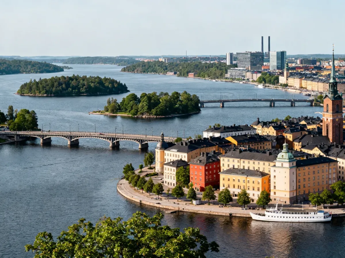 Panorama Sztokholmu z wyspami, mostami i historyczną zabudową Gamla Stan