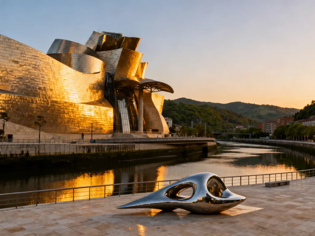 Muzeum Guggenheima w Bilbao o zachodzie słońca, z charakterystycznymi tytanowymi krzywiznami odbijającymi złote światło.