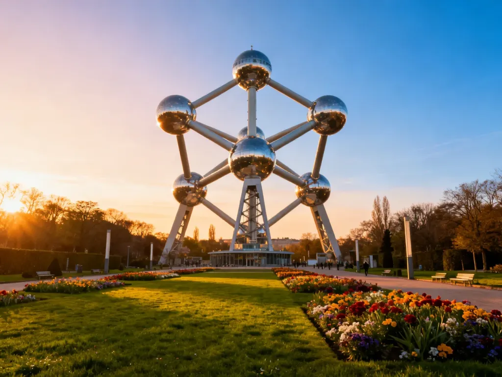 Ikoniczna budowla Atomium w Brukseli o zachodzie słońca, otoczona zadbanym parkiem z kwitnącymi kwiatami.