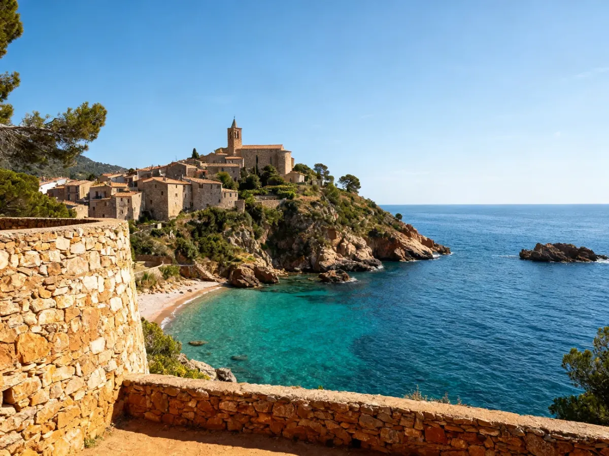 Panoramiczny widok skalistego wybrzeża Costa Brava z zatoką i kamienną wioską