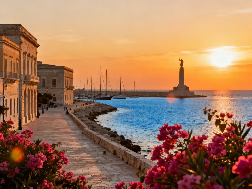 Panoramiczny widok na port w Brindisi podczas zachodu słońca z widocznym Pomnikiem Marynarzy Włoskich i żaglówkami.