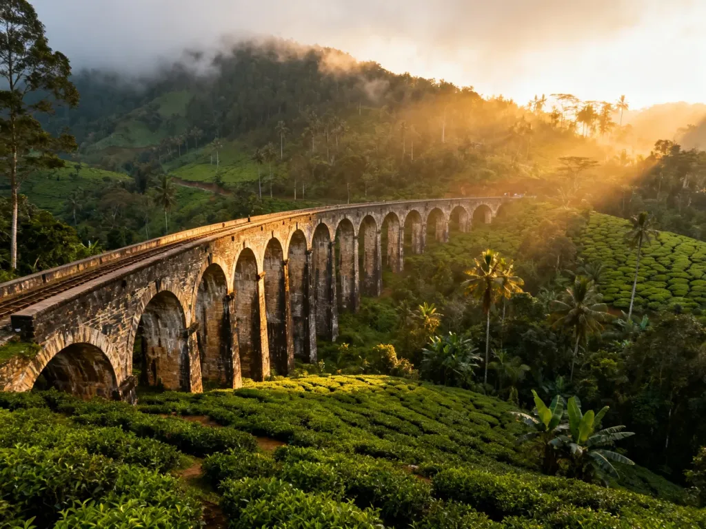 Kultowy wiadukt Nine Arch Bridge otoczony soczyście zielonymi plantacjami herbaty w porannym świetle.