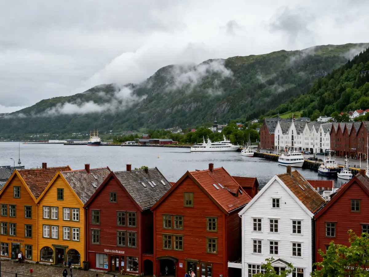 Panorama Bergen z kolorowymi zabudowaniami Bryggen, portem i górami w tle