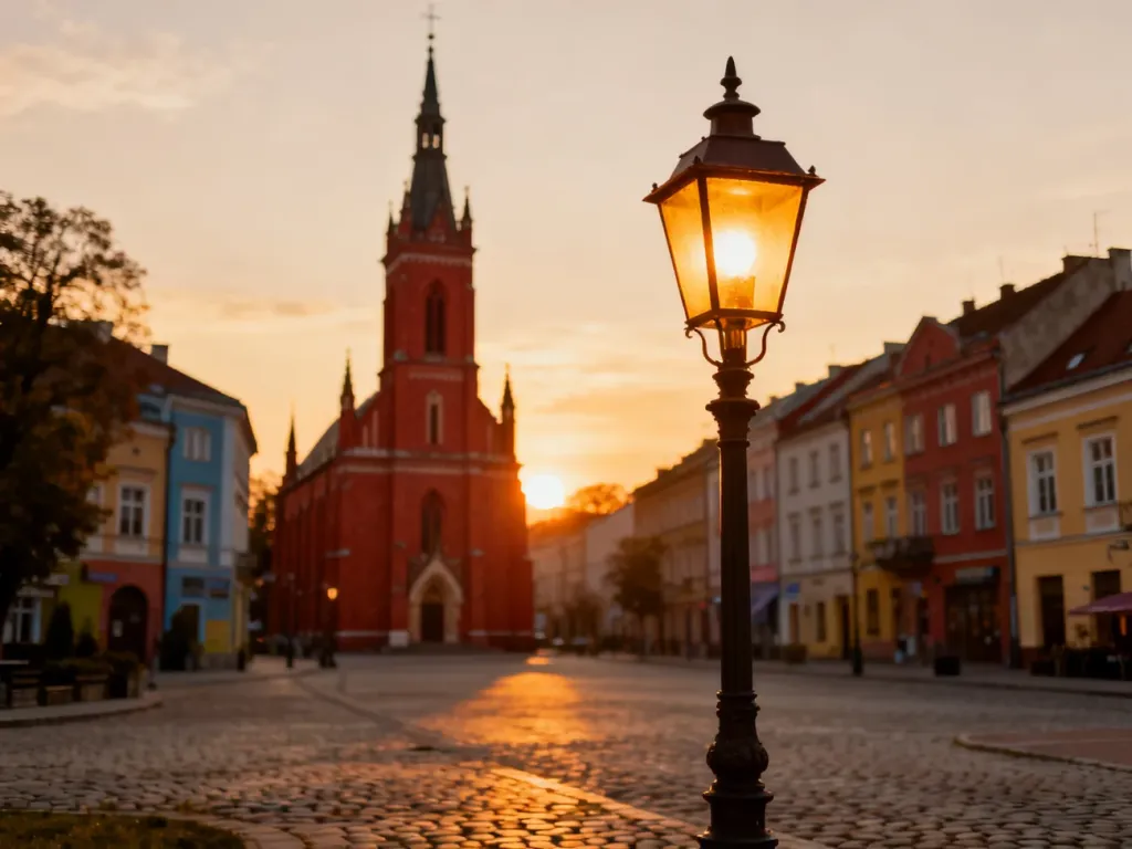Wieża neogotyckiego kościoła w Radomiu o zachodzie słońca nad urokliwym rynkiem starego miasta.
