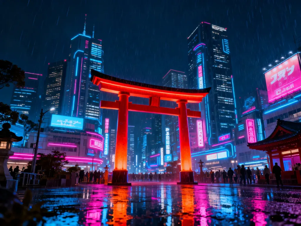 Nocna panorama Tokio z tradycyjną bramą torii na pierwszym planie, kontrastująca z nowoczesnymi wieżowcami i neonami.