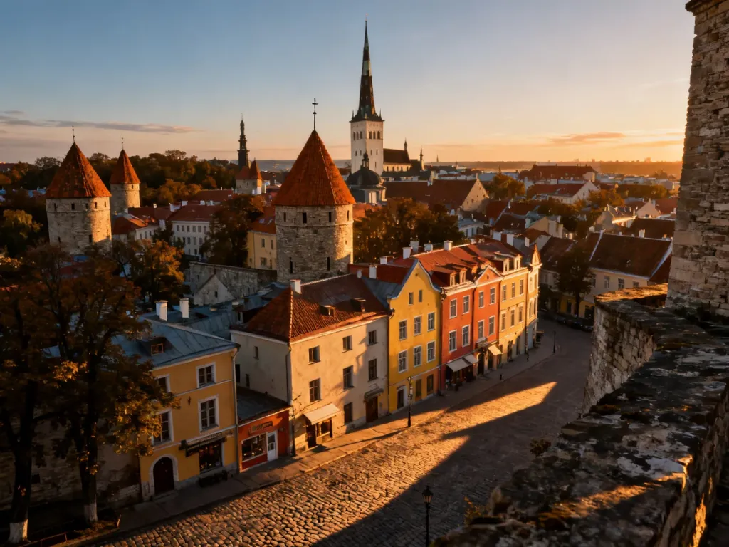 Widok na średniowieczną starówkę w Tallinnie o zachodzie słońca z charakterystycznymi kolorowymi kamienicami i wieżami.