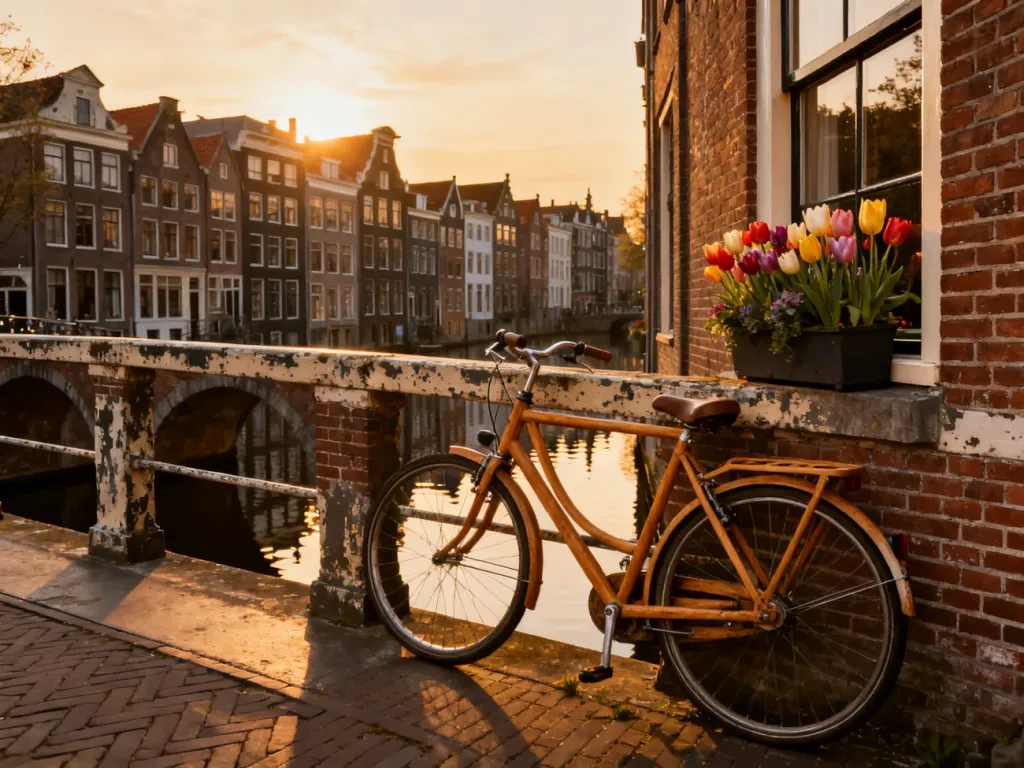 Malowniczy kanał w Amsterdamie o zachodzie słońca z rowerem, tulipanami i zabytkowymi kamienicami w tle.