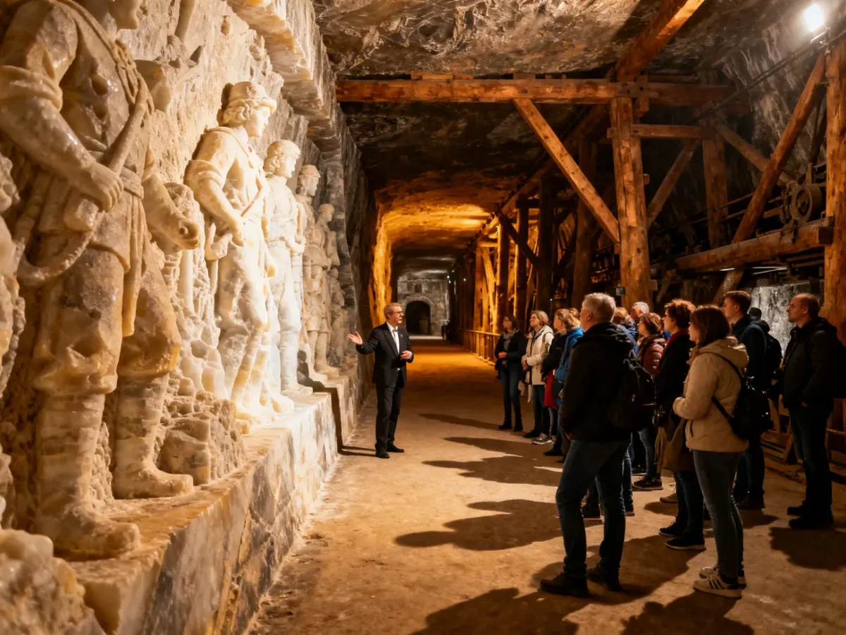 Turyści zwiedzający podziemną komorę kopalni soli w Wieliczce