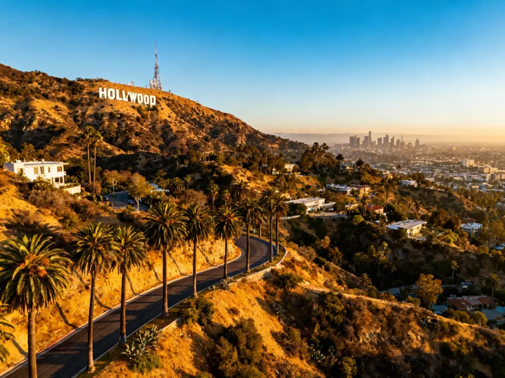 Słynny napis Hollywood na tle wzgórz Los Angeles oraz panorama miasta z palmami w promieniach zachodzącego słońca.