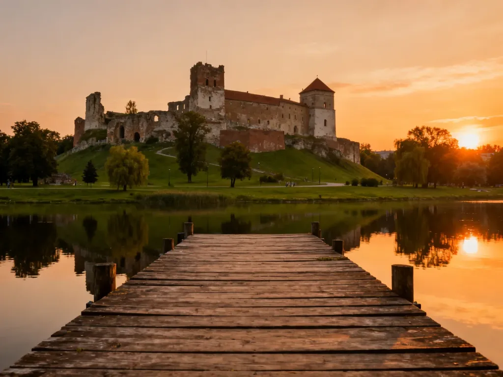 Drewniane molo nad jeziorem Ełckim o zachodzie słońca z widokiem na ruiny zamku w tle.