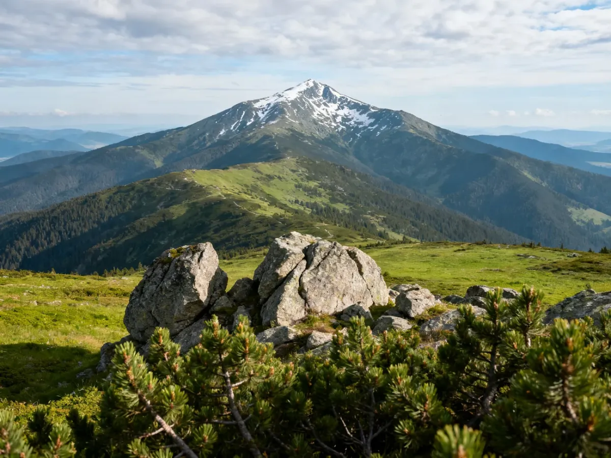 Panorama Karkonoszy ze Śnieżką, granitowymi skałami i kosodrzewiną