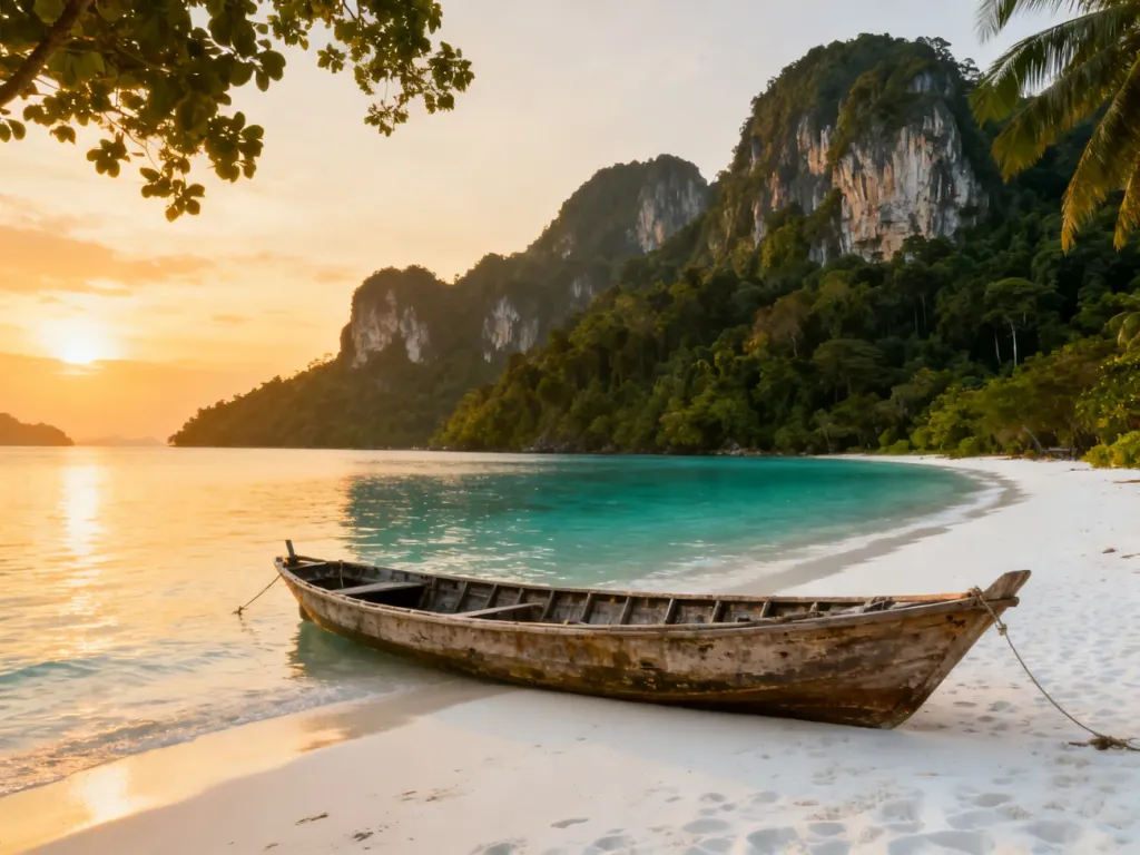 Piaszczysta plaża w Langkawi z drewnianą łodzią na tle turkusowej wody, gór i zachodzącego słońca.