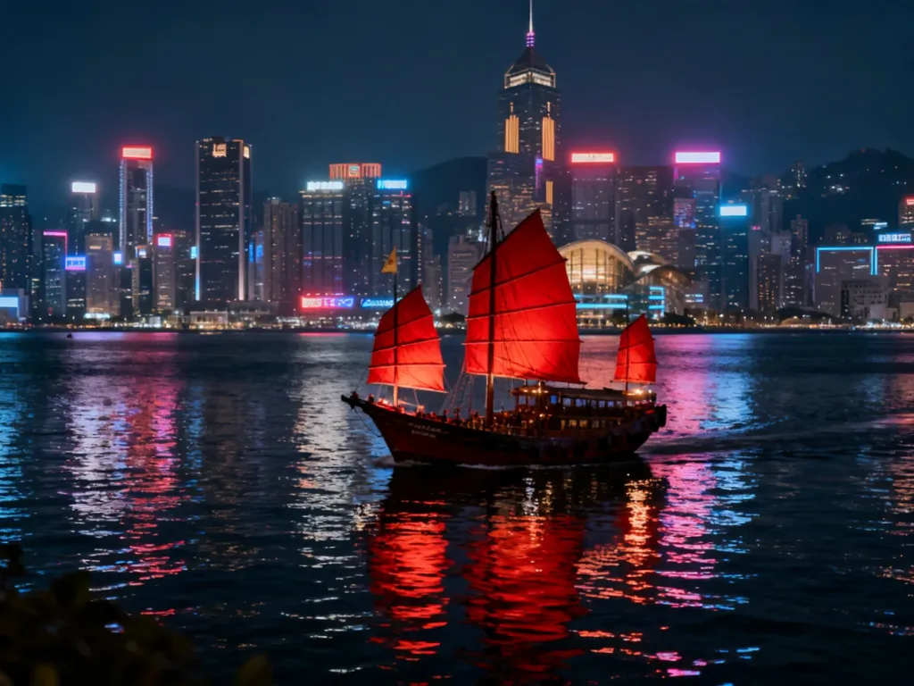 Nocna panorama Hongkongu z tradycyjną chińską łodzią żaglową na wodach Victoria Harbour na tle oświetlonych wieżowców.