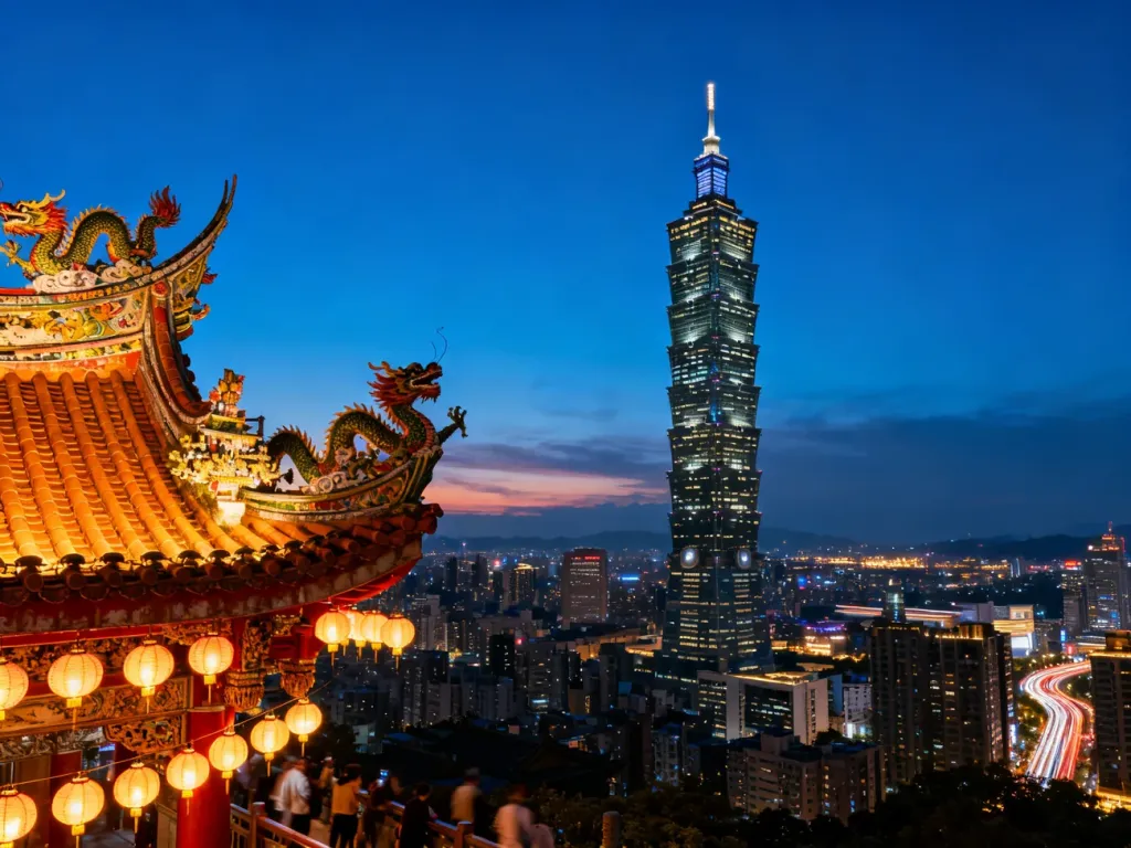 Wieżowiec Taipei 101 górujący nad oświetlonym miastem, zestawiony z tradycyjnym dachem świątyni o zmierzchu.