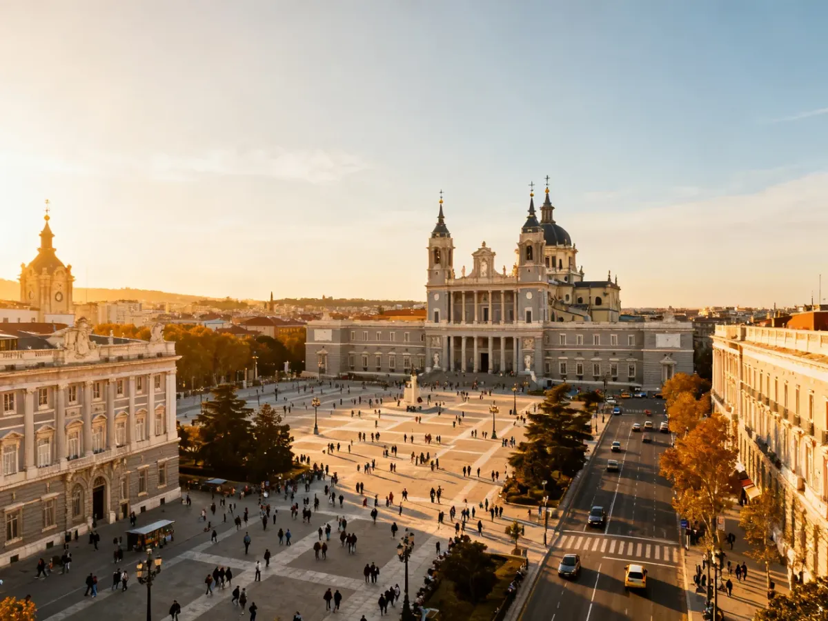 Panorama centrum Madrytu z Pałacem Królewskim i katedrą Almudena