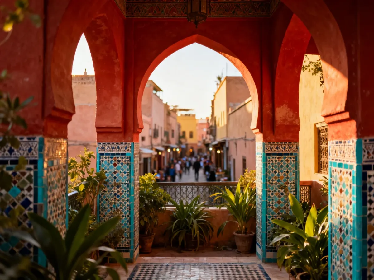 Dziedziniec tradycyjnego riadu otoczony roślinami i architekturą medyny w Marrakeszu