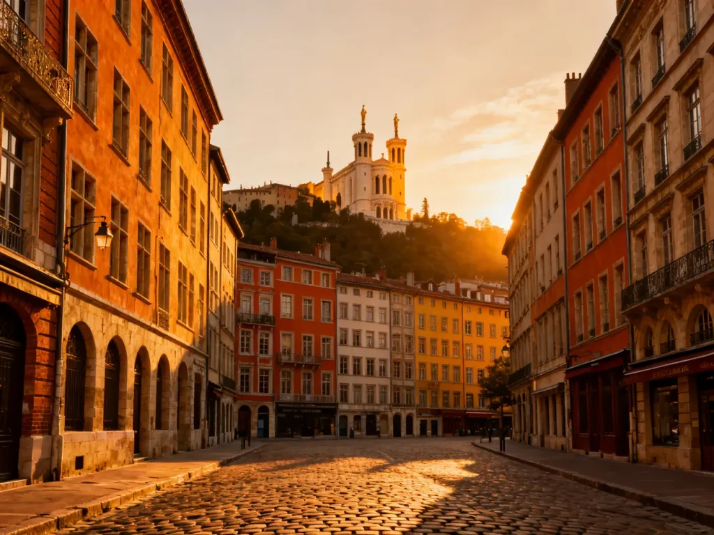 Zabytkowa dzielnica Vieux Lyon z kolorowymi kamienicami oraz bazylika Notre-Dame de Fourvière w blasku zachodzącego słońca.