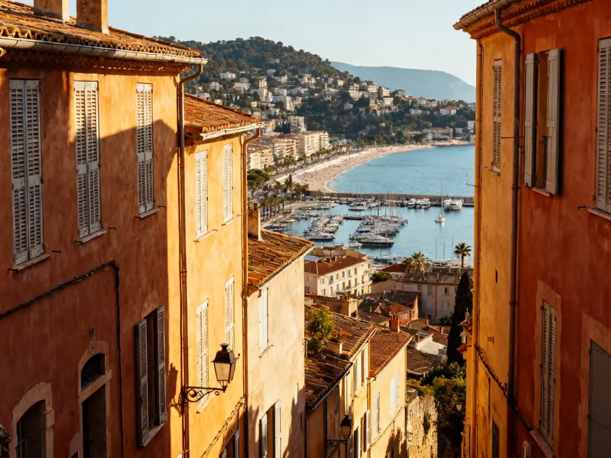Panorama Cannes i zatoki widziana z uliczek Le Suquet