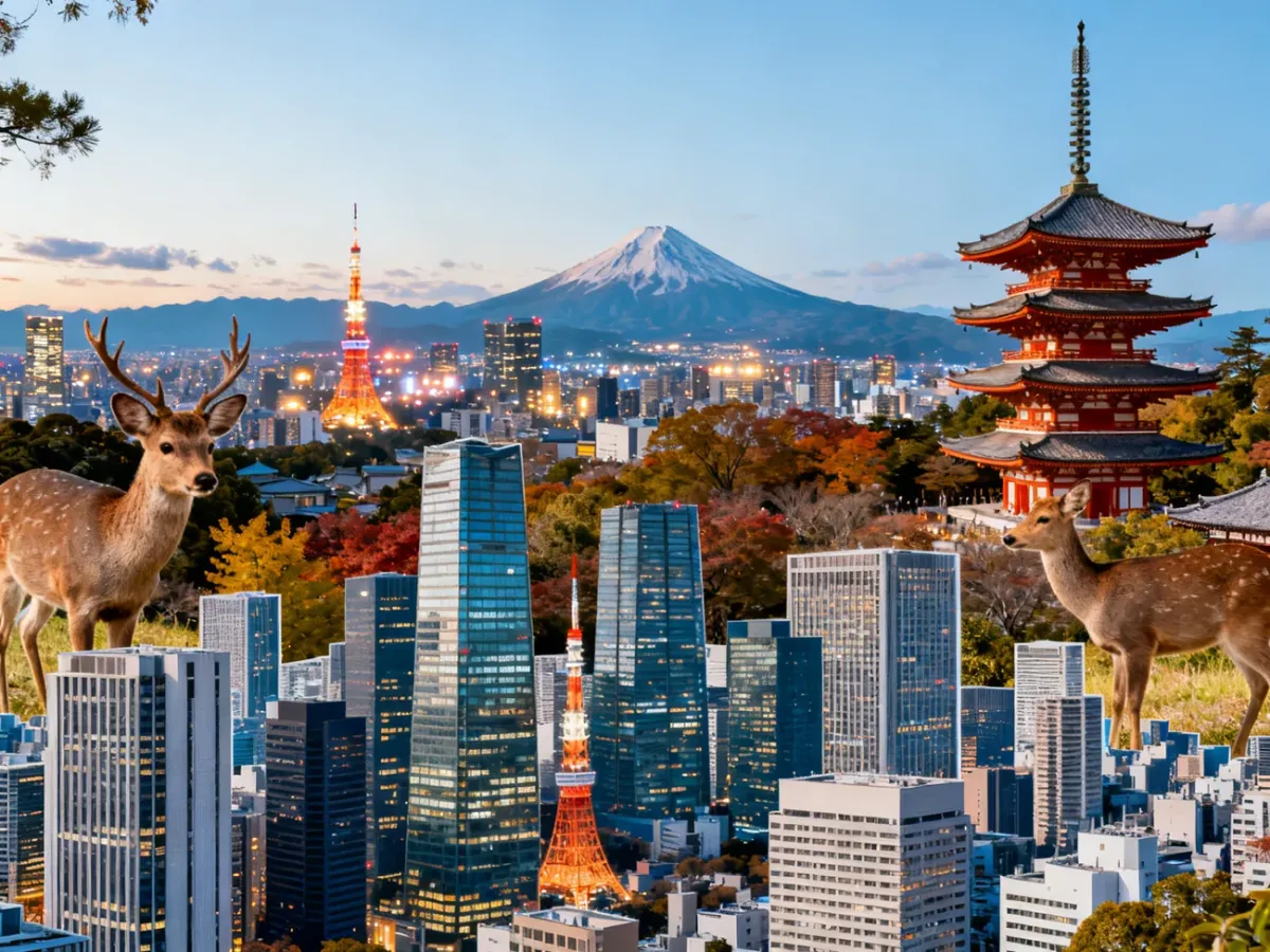 Panoramic przedstawienie Japonii z Tokio, Kioto, Osaką i jeleniem z Nary