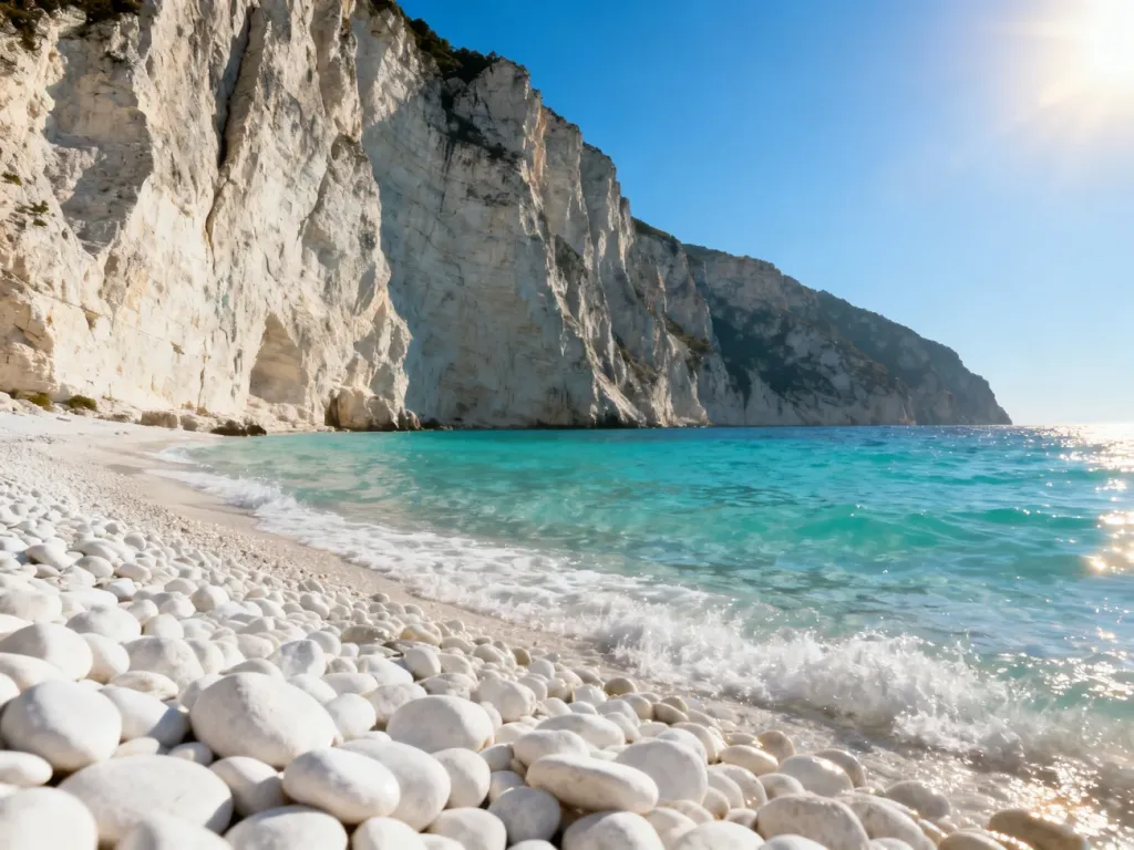 Plaża Myrtos na Kefalonii z turkusową wodą, białymi kamykami i stromymi wapiennymi klifami w promieniach słońca.