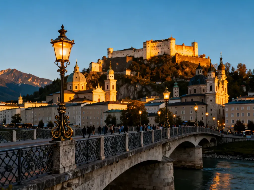 Widok na historyczne centrum Salzburga z twierdzą Hohensalzburg o zachodzie słońca oraz kamienny most na rzece Salzach.